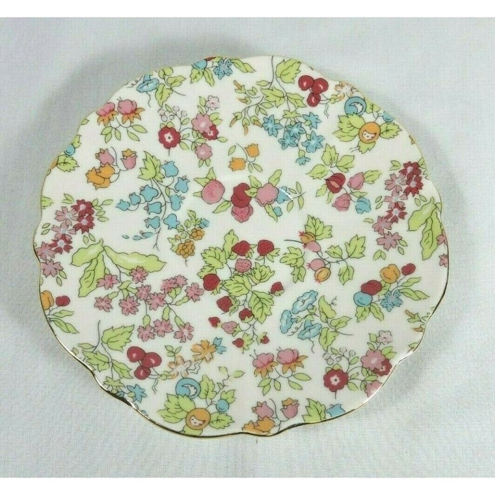 Grace's Teaware Saucer Pink Blue Green Floral Scalloped Gold Rimmed